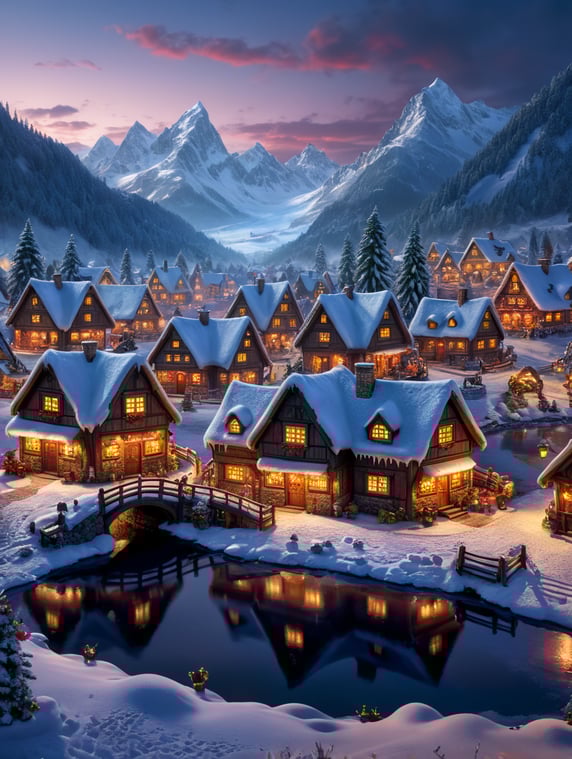 A picturesque, snowy village at dusk. The stage features twinkling lights from cozy cottages, a frozen pond. A Santa grills meats, steaks, burgers. Goblins are waiting for food
