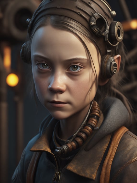 greta thunberg As oil rig worker, realistic, high detail, steampunk styled