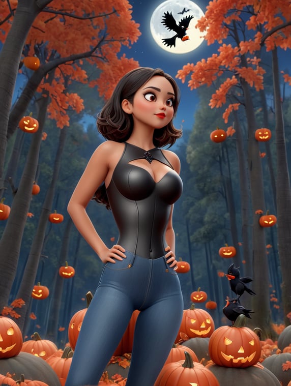 Eiza González, Dark Night, In the background a forest, A bright moon, Halloween day, black crows, tits, pumpkins, A red gerbera on the head on the right side, black leotard, blue jeans