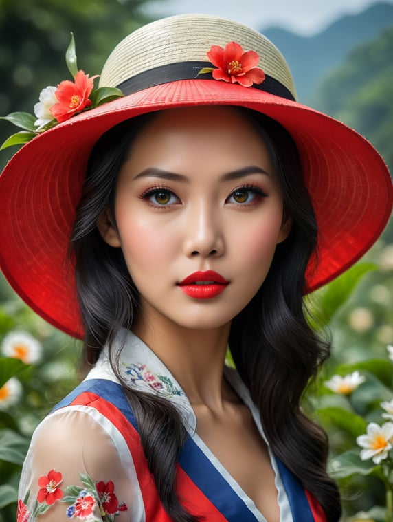 portrait photographic, frontal portrait of Vietnamese women, beautiful women, lovely face, high noise, black eyes,beautiful charming eyes, eyes make up fashion , red lips, beautiful lips, she wearing cute dress, fashinista dress floral white, fashionista black hair, wearing fashion straw hat, beautiful face make up.Photo taken by Canon EOS 1D mark 4 with Canon EF70-300mm F4-5.6 IS II USM lens, Av mode, f 7.1, 1 250 , ISO 200, White Balance Auto. Best quality