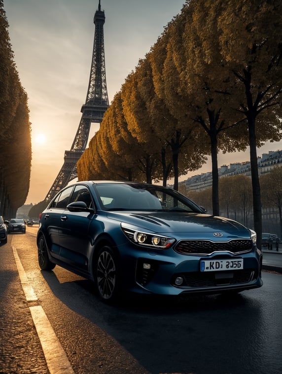 sports kia rio on the roads of Paris near eiffel tower by day