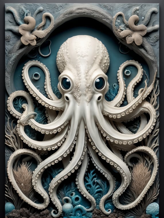 Imagine a curious octopus in 3D bas-relief, its tentacles curling and twisting with intricate detail. Its intelligent eyes seem to explore the depths of the ocean. The artwork is set against a dark, mysterious underwater world, with bioluminescent creatures illuminating the border.