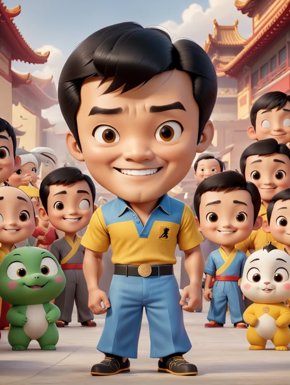 Bruce Lee standing looking at camera happy; Bruce Lee em pé olhando para camera feliz