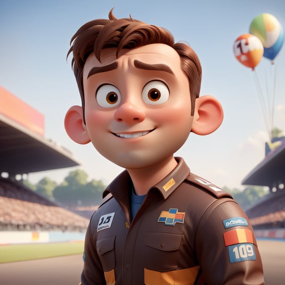 A race car pilot, brown hair, centered face