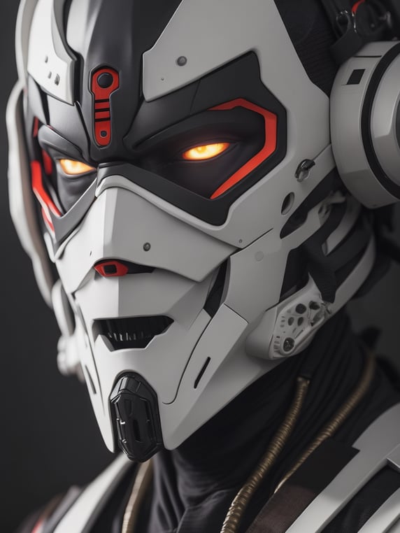 an android wear a mask that is white with red eyes, in the style of cyberpunk realism, concept art, mecha anime, matte photo, distinctive noses, realistic chiaroscuro, close-up