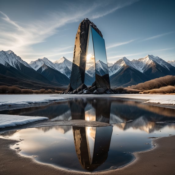 image of a mirror monolith standing in the center of frame on dark sand with some puddles of water in front of snow covered mountains