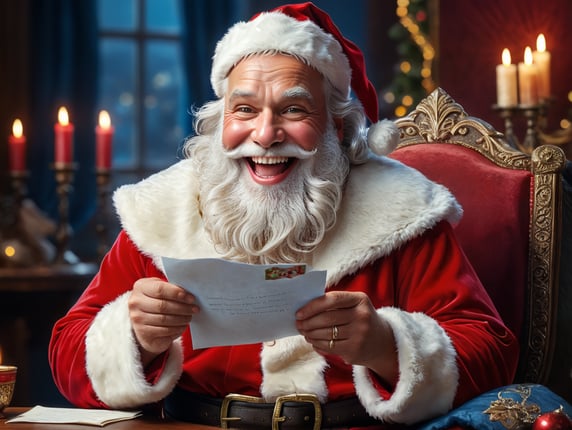 Portrait of Santa Claus smiling, one tooth missing, holding a letter, whimsical facial expression, flowing white beard, jolly caricature, saturated colors, red outfit, sharp focus, portrait photography, depth of field, dramatic candlelit lighting, incredibly high detailed, blue background, blurred background,