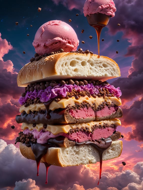 Sandwich made with melt cheese, melt chocolate, red ice cream, chocolate chips. The sandwich is flying in a magic sky with pink and violets clouds
