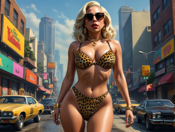 Gta style pic of Lady Gaga, big bust, wearing leopard thong and leopard tiny top. Full body image.