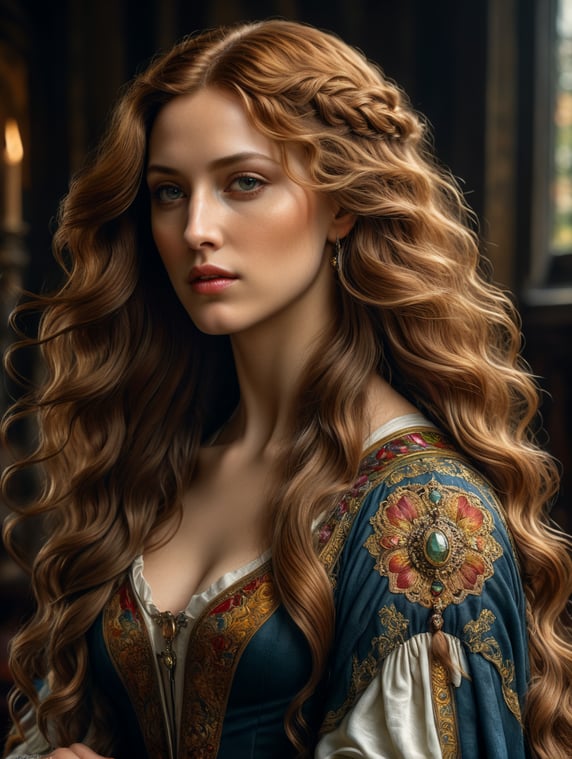 Pre Raphaelite woman with long Botticelli style hair
