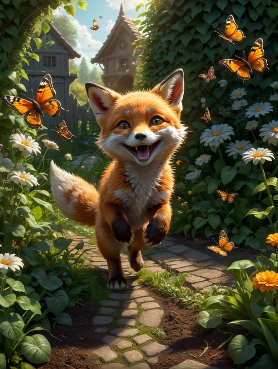 Create a cute cartoon Fox cub chasing a butterfly in a garden in morning light