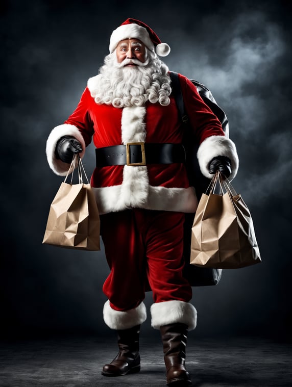Santa Claus in full height holds a bag of gifts , on a white background, clipart