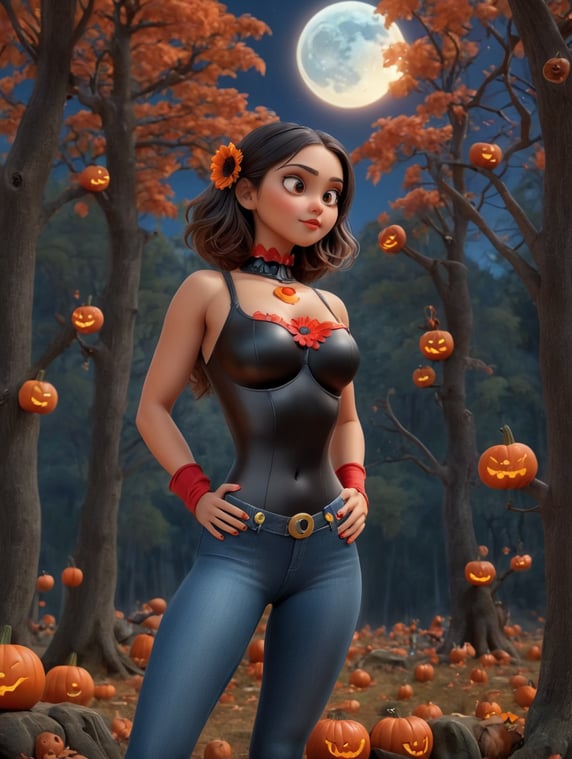 Eiza González, Dark Night, In the background a forest, A bright moon, Halloween day, black crows, tits, pumpkins, A red gerbera on the head on the right side, black leotard, blue jeans