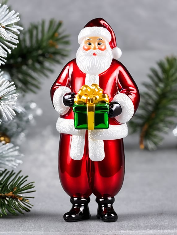 santa claus small glass glass figure holding gift box, christmas toy for the christmas tree