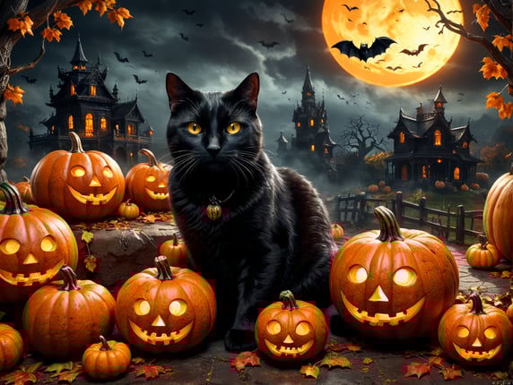 Halloween background with a black cat in the back and pumpkins.