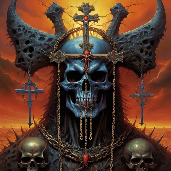 Hell skulls four horsemen baphomet chains thorns Crucifix iconic, hyperdetailed, Iron Maiden Eddie digital illustration by Derek Riggs, (iconic, hyperdetailed, haunting digital illustration by Zdzisław Beksiński and Peter Gric. ), vivid saturated colors, highly detailed, contrast colors