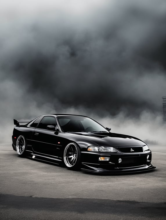 Slammed and lowered mitsubishi 3000GT Black car, Smoked background, ominous, dark