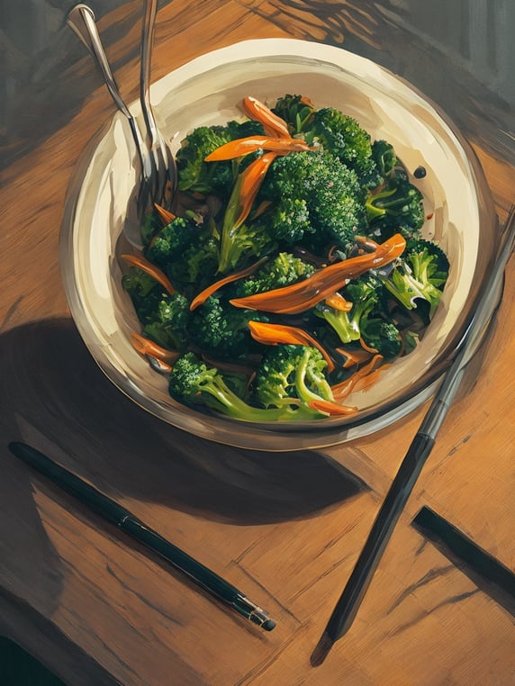 Photorealistic close-up shot of a bowl of freshly cooked noodles with vibrant green broccoli and colorful peppers on a wooden table, chopsticks and a steamy cup of coffee in the background. Shot with a macro lens for exquisite detail and natural lighting, reminiscent of a food magazine cover. Claude Monet inspired art style with attention to texture and detail