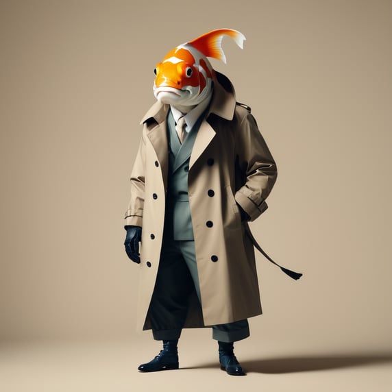 A koi fish with legs wearing a trench coat