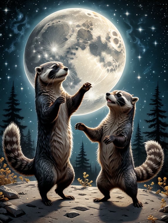A black and white woodcut print of a furry otter and raccoon dancing happily on the moon among the bright stardust