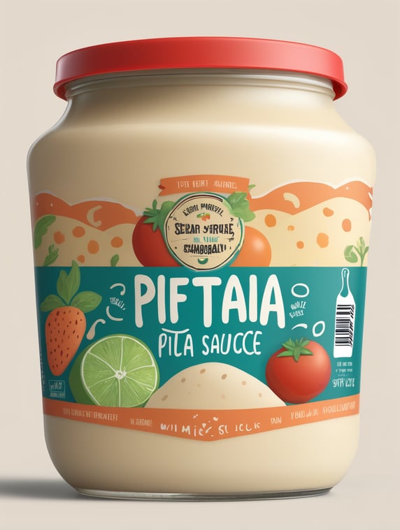 Stylized fun, youthfully drawn label that will be placed on the pita sauce plastic container.; Stilizuota linksma jaunatviškai nupiešta etketė, kuri bus dedama ant pitos padažo plastikinės taros.