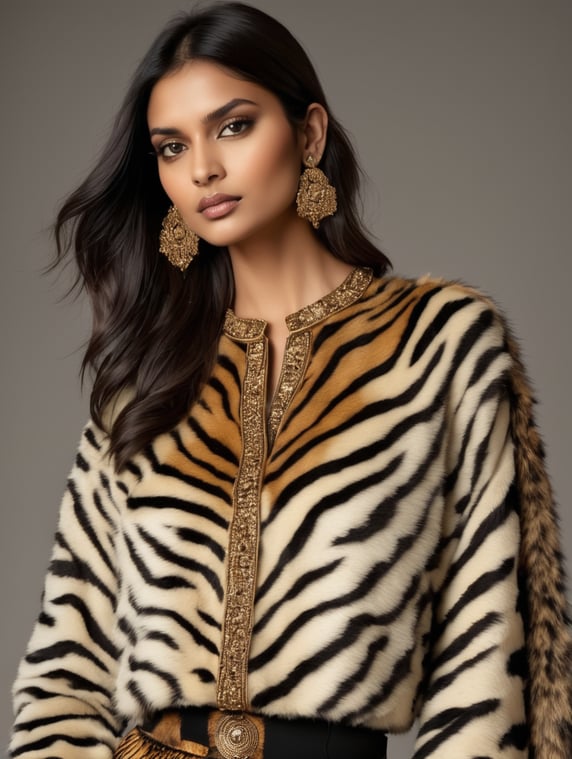 tiger fur fashion animal print top wear traditional luxury fashionable textured indian female model