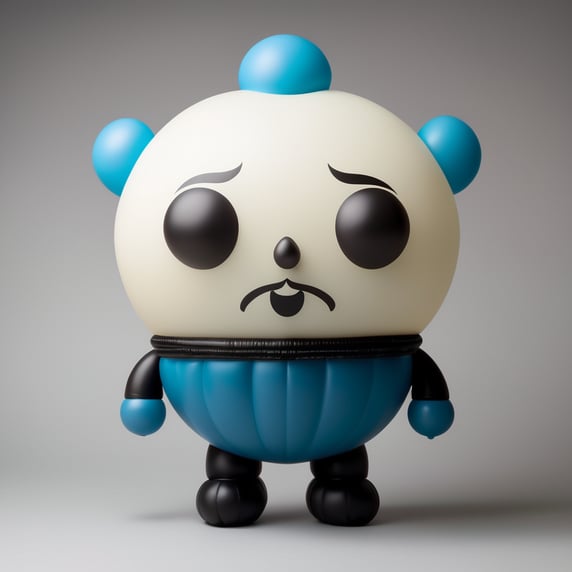 Vinyl toy character in the shape of a balloon with a big ugly head but with a tender face and inspired by David Lynch's films with opaque colors; Vinil toy de personaje en forma de globo con cabeza grande feo pero con rostro tierno y inspirado en las películas de David Lynch con colores opacos