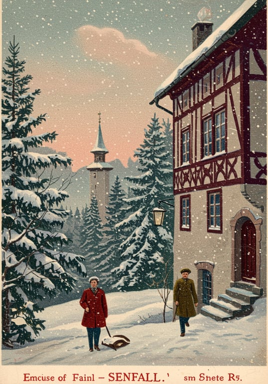snowfall, austrian postcard, retro