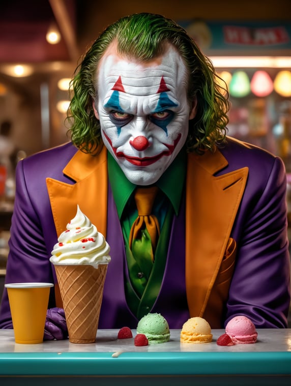 A portrait of the joker looking sad in an ice cream shop, in the style of a cartoon, bright and saturated colors, depth of field