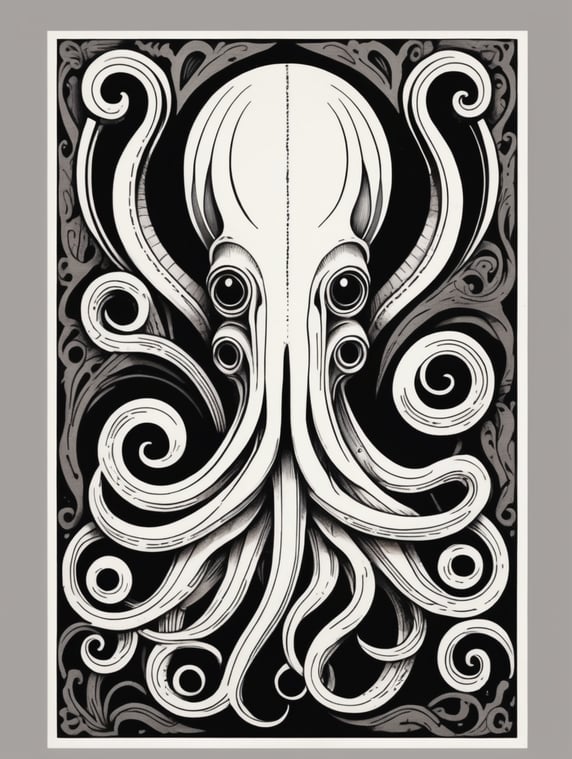Black and white linocut tattoo design squid thick bold dark lines