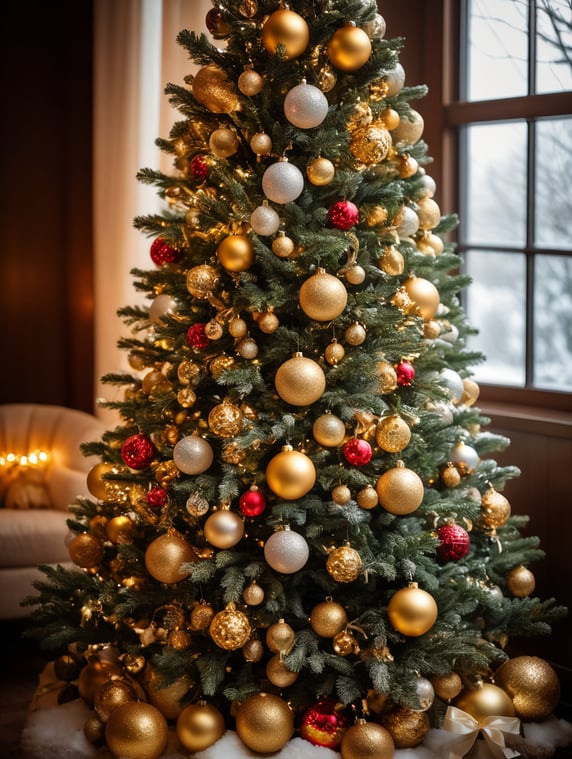Premium Christmas tree with golden Christmas balls and Christmas colours and some snow