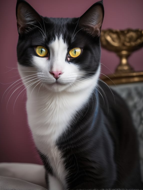 Balck and white male cat, yellow innocent eyes, pink nose, blue belt