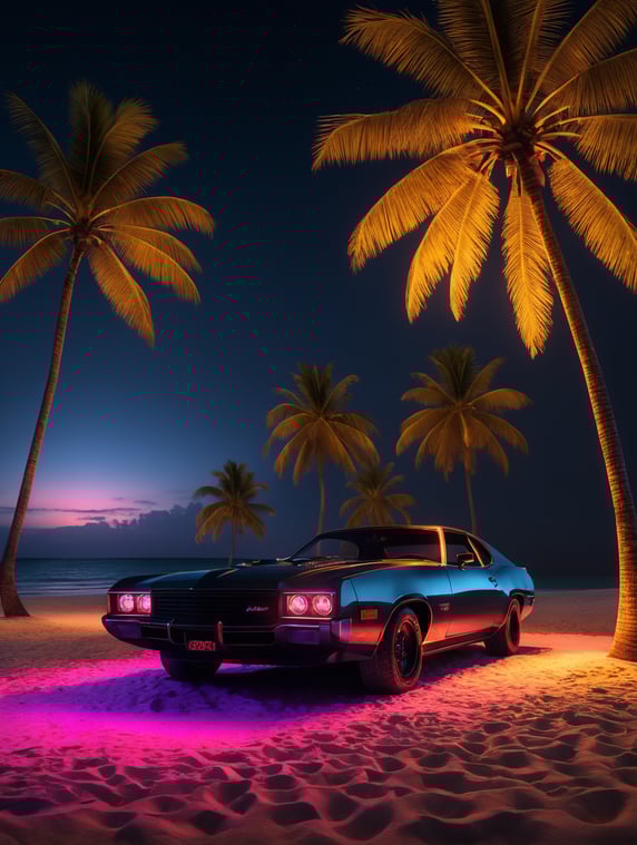 hyper realistic neon palette, highly detailed beach at nighttime, pistol laying in the sand, Miami background, palm trees, unreal engine, octane render, cinematic lighting, y2k, bright colors, hyper realistic, low angle, 16k, 8K UHD, 8K texture, cinematic, rim lighting, neon palette, color theory, dramatic, volumetric lighting, 35 mm, in focus, unreal engine, highly detailed, octane render, ultra-high resolution.