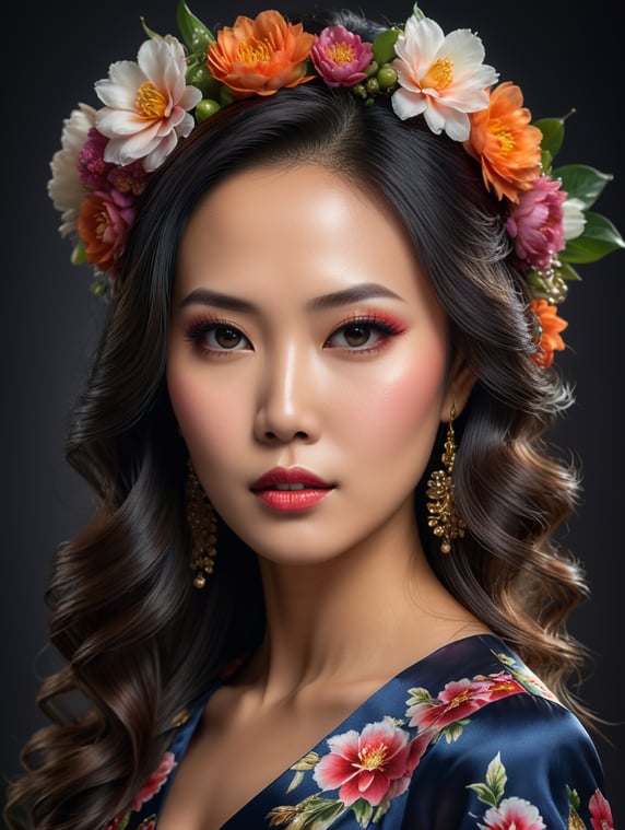 Portrait photo, Vietnamese women, 30 years old, beautiful, she's lovely face, high noise, black eyes make up, red lips, beautiful lips, perfect makeup. She's have fashionista hair style, she wearing lovely floral dress. Photo taken bu Canon EOS 1D mark 4 with Canon EF70-300mm F4-5.6 IS II USM lens, Av mode, f 7.1, 1 250 , ISO 200, White Balance Auto. Best quality
