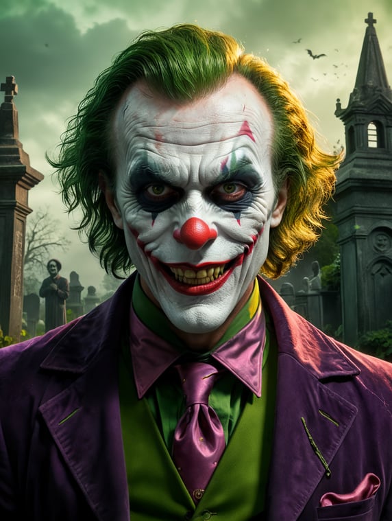 Portrait of a scientist in a joker costume for Halloween, scary makeup on his face, dark atmosphere, vintage style, green and pink colors, highly detailed photo, professional photo, against the backdrop of an old creepy cemetery, contrasting light, bright colors