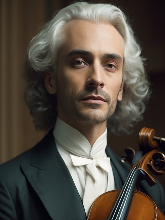 Antonio Lucio Vivaldi with a violin, in a 18th century green suit, Detailed image, detailed face,