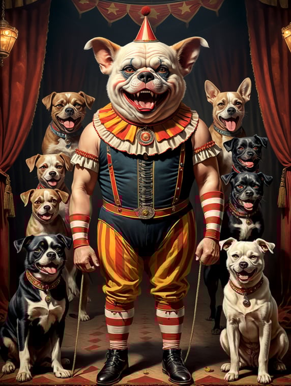 Vintage style circus sideshow poster of a full body anthropomorphic Scary midget with dogs head