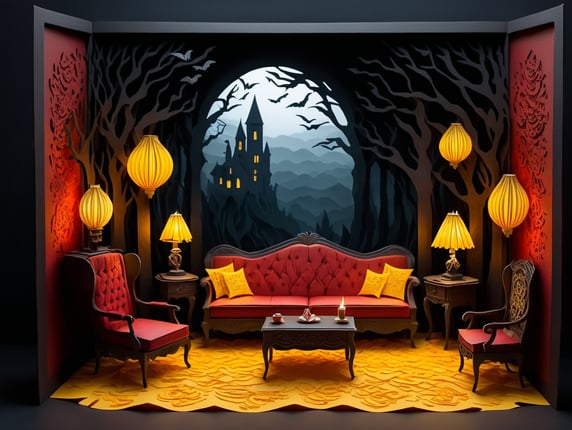 in the style of horror and love background, foggy dark room, with vintage furniture ,over all image feel like red yellow combination, hyperealistic