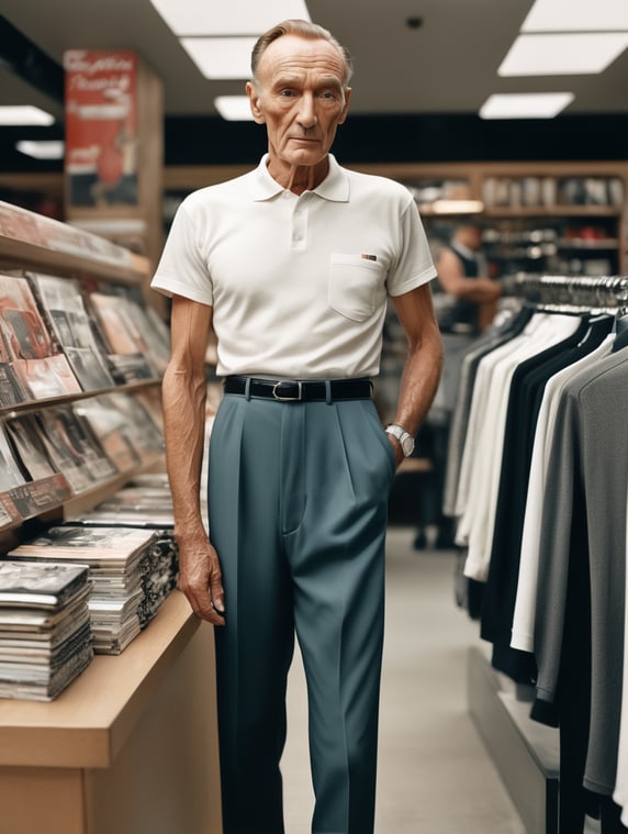 Extremely detailed photographic image, grained image, beautifully composed, monochrome image, 50's fashionable image, fashionable magazine photography, leica summicron 35mm f2.0, kodak 400tx, fashion photography, fashionable model, william s. burroughs, old man wearing blank white T-Shirt in Clothing Store Mockup, mock up