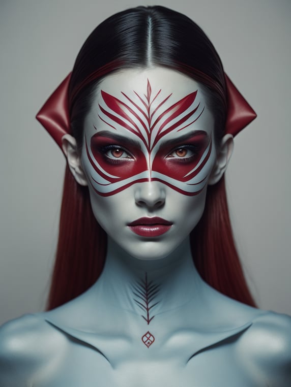 a woman with red facial tattoos and eye makeup, in the style of futuristic shapes, gregory colbert, symmetrical asymmetry, light blue and maroon, zen-inspired, gender-bending iconography, goblincore