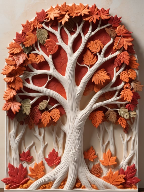 Envision a playful Peace Tree 3D bas-relief. The piece showcases an autumn forest scene, with vibrant reds and oranges, and a forest floor border covered in fallen leaves.