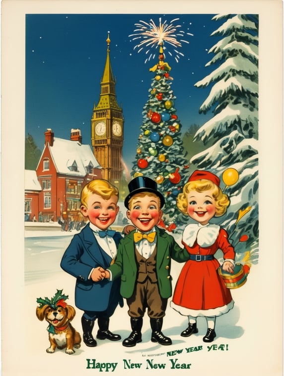 Illustration of Happy New Year in the style of Donald Fraser Gould McGill and a Bamforth postcard