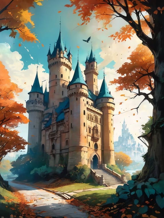 There is a castle in the background. Below is an open book. Leaves all around.; На фоне замок. Внизу раскрытая книга. По кругу листья.