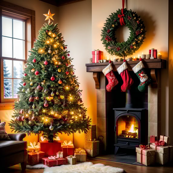 Beautifully decorated christmas tree, standing next to the chimney. Gentle fire is burning inside the chimney. Christmas socks are hanging on the chimney top. Presents are laying under the christmas tree. Warm atmosphere.