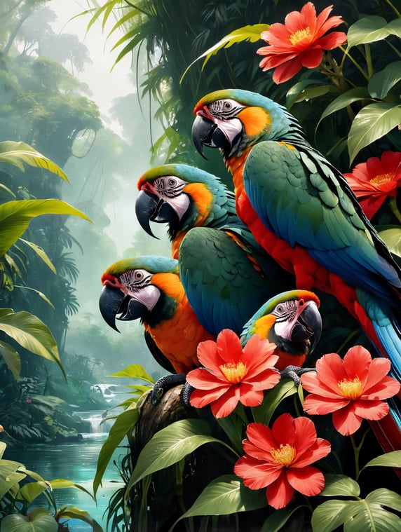 5 parrots sit in the green jungle. 8 red flowers in the thicket. Style Walasse Ting; 5 Papageien sitzen im Grünen Dschungel. 8 rote Blüten im Dickicht. Stil Walasse Ting