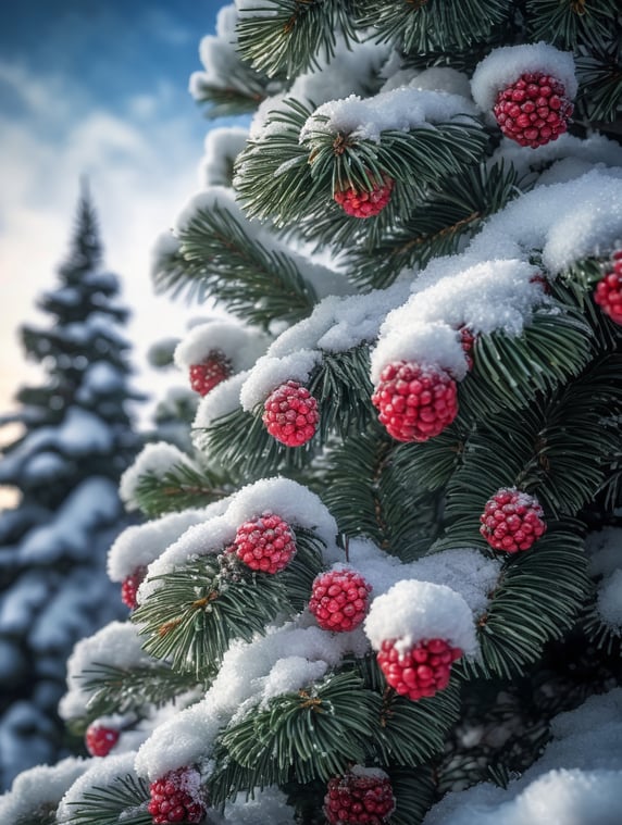 A close-up landscape photo of a off-center pine tree with frosted berries and layered snow in the theme of a Christmas village, bright and saturated colors, depth of field