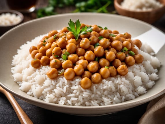white rice, whith stewed chickpeas