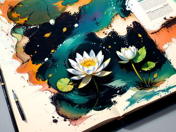 Water lily on a book. Fish. Stork; Водяная лилия на книге. Рыбы. Аист