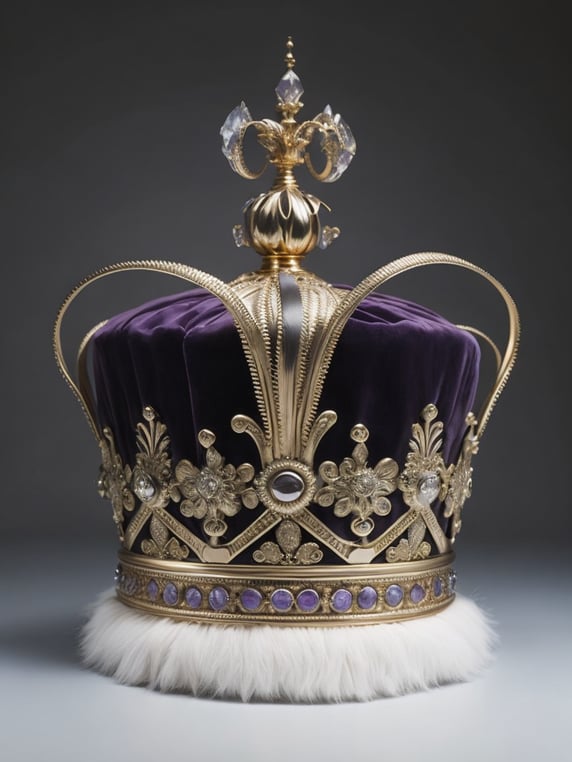 St. Edward’s Gold Crown adorned with gems, Purple velvet, White fox fur, Gray gradient background, Incredibly high detail, deep & bright colors, contrast light