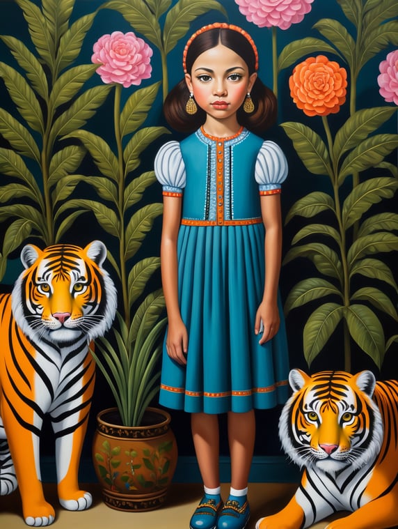 a girl with tiger, style of Catherine Nolin, Painting, Acrylic, Oil, Portrait, Interior, USA